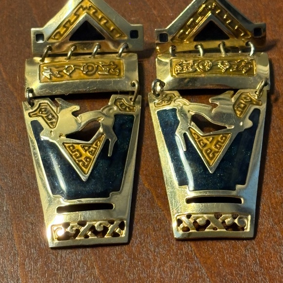 Vintage Edgar Berberi Blue Enamel Inlay and Gold Tone Pierced Earrings - Picture 2 of 8